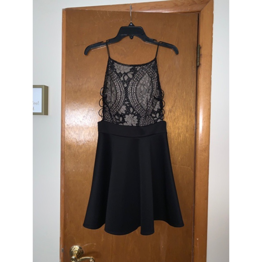 Black lace top, A-line skirt dress